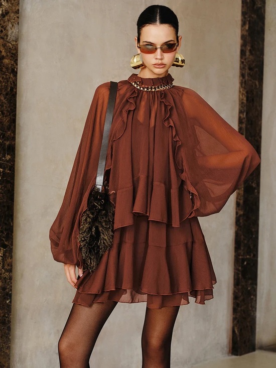 Commense Dresses & Skirts - Commense Chestnut Brown Ruffle Tiered Mini Dress